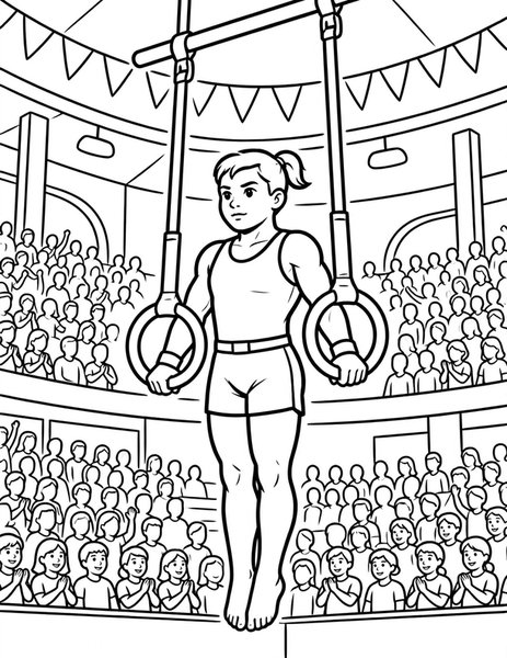 Still Rings coloring page: A gymnast holds the iron cross.