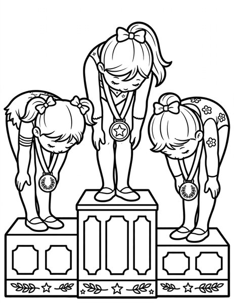 Medal Stand coloring page: Gymnasts bow with their medals.