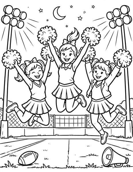 Cheer Squad coloring page: Cheerleaders jump for the team.