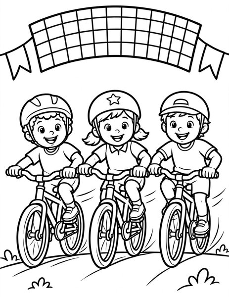 Bike Race coloring page: Riders sprint to the finish line.