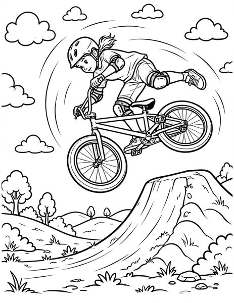 BMX Jump coloring page: A rider catches air off a ramp.