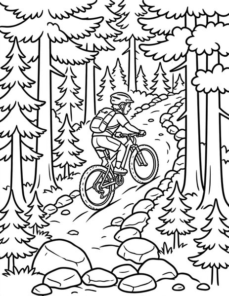 Trail Ride coloring page: A mountain biker climbs a forest trail.