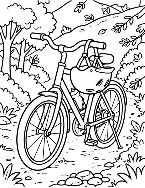 Helmet Safety coloring page: A shiny helmet hangs on handlebars.