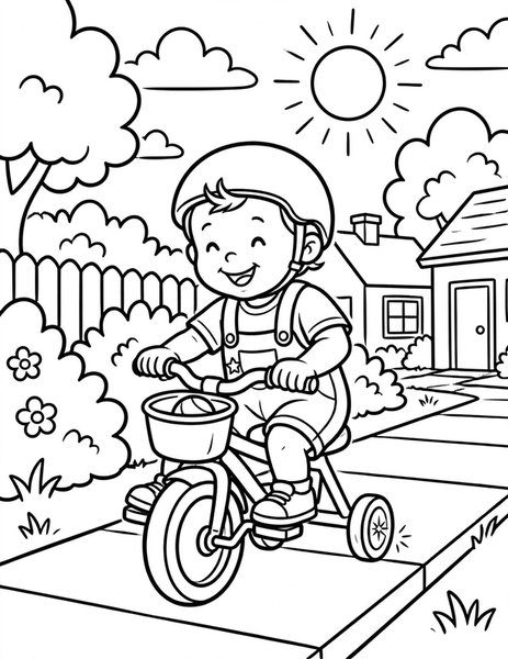 Tricycle Tot coloring page: A toddler pedals a little trike.