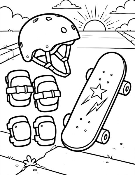 Skate Gear coloring page: Helmet and pads ready to roll.