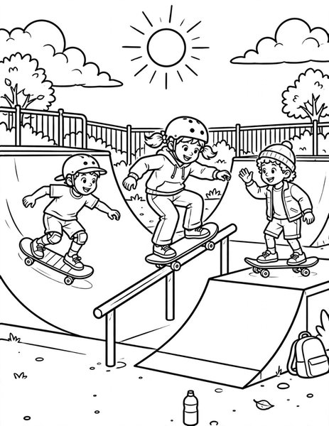 Skate Park coloring page: Friends session the skate park.