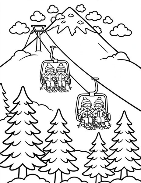 Ski Lift coloring page: The lift climbs to the peak.