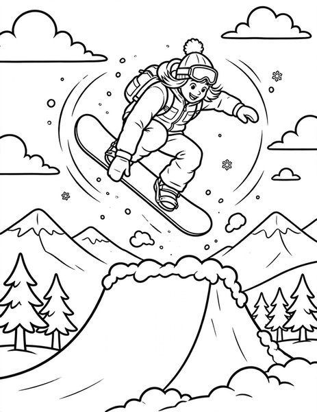 Snowboard Trick coloring page: A boarder grabs the board midair.
