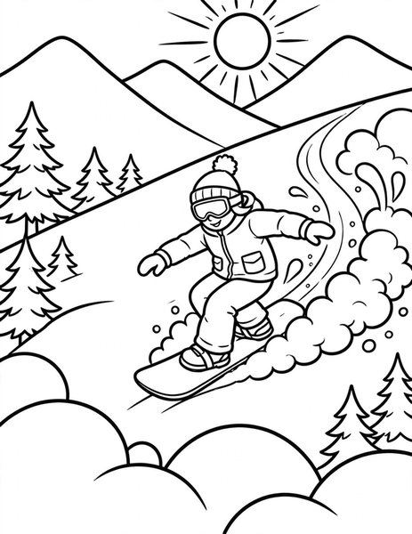 Snowboard Carve coloring page: A rider carves fresh powder.