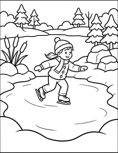 Ice Skate coloring page: A skater glides on a frozen pond.