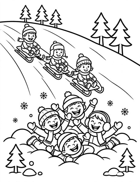Sled Hill coloring page: Kids race sleds down the hill.