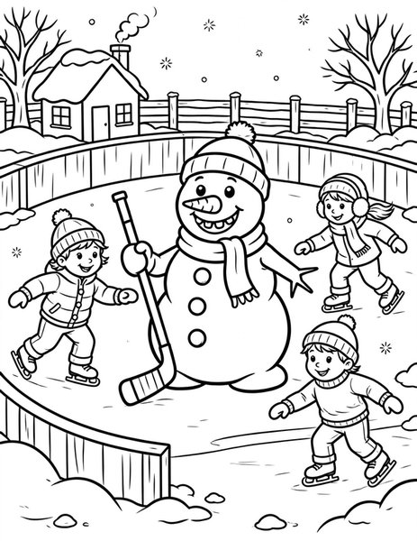 Snowman Goalie coloring page: A snowman guards the ice rink.