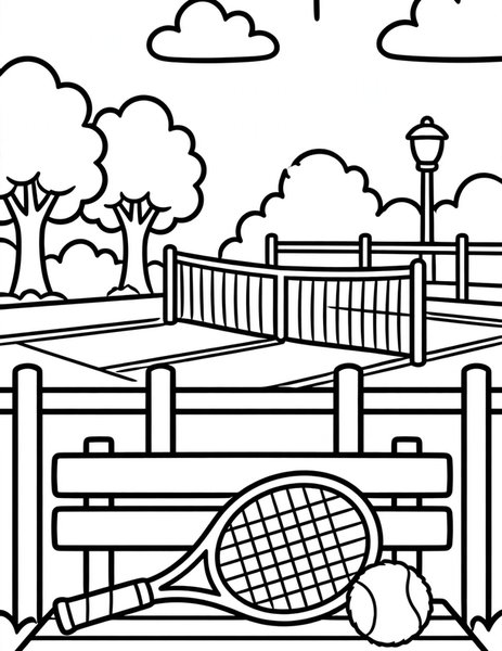Racket and Ball coloring page: A racket and ball wait courtside.