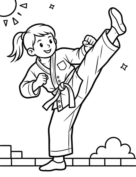 Karate Kick coloring page: A student practices a high kick.
