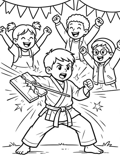 Board Break coloring page: A kid breaks a wooden board.