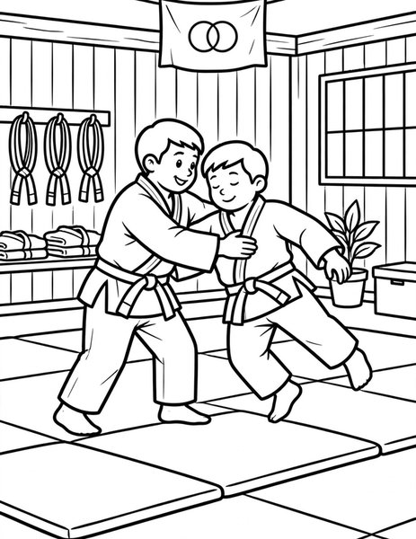 Judo Throw coloring page: Partners practice a safe throw.