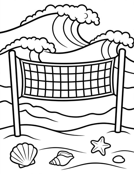 Sand Court coloring page: A net stands on the beach.