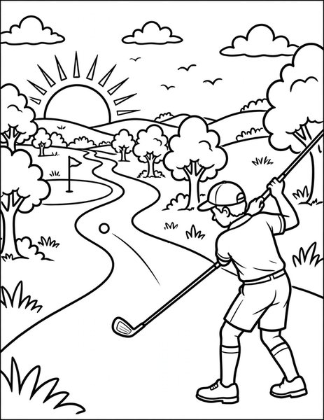 Tee Off coloring page: A golfer drives down the fairway.