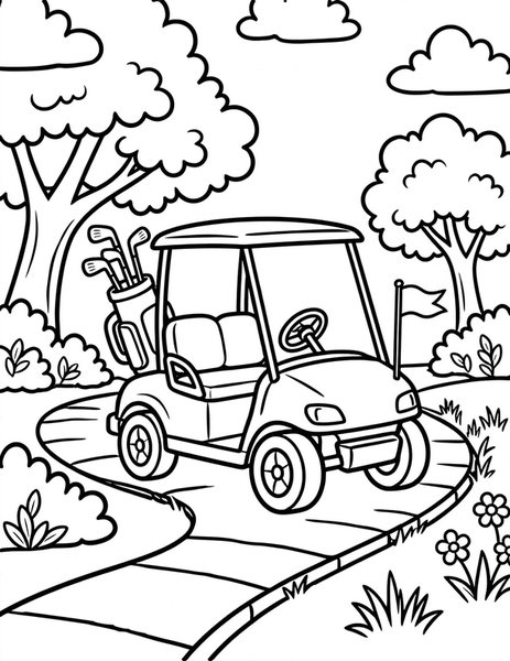 Golf Cart coloring page: A cart putters along the path.