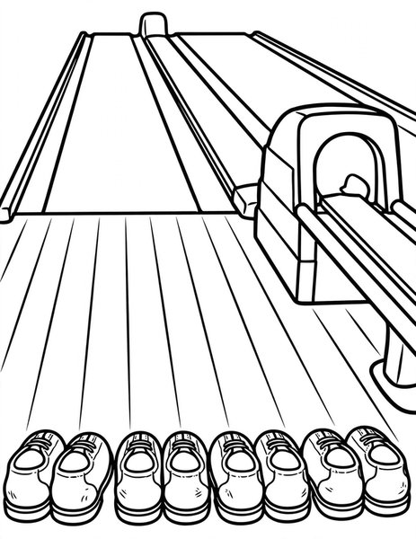 Bowling Shoes coloring page: Rental shoes wait by the lane.