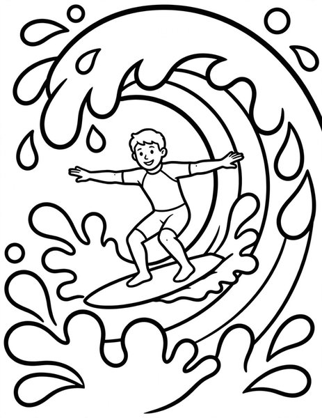 Wave Ride coloring page: A surfer rides a curling wave.