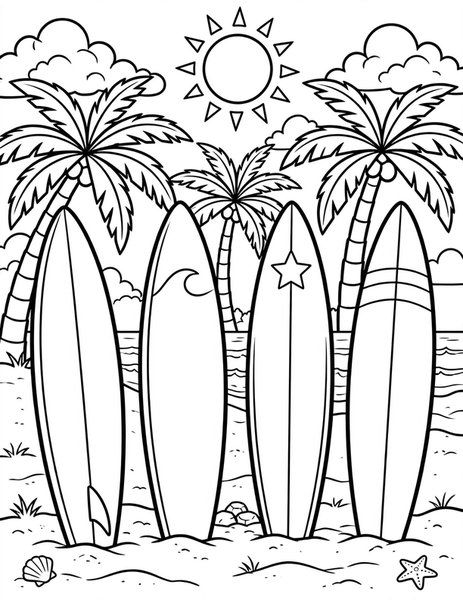 Surfboard Beach coloring page: Boards stand in the sand.