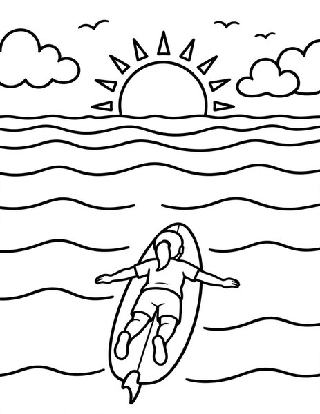 Paddle Out coloring page: A surfer paddles past the break.