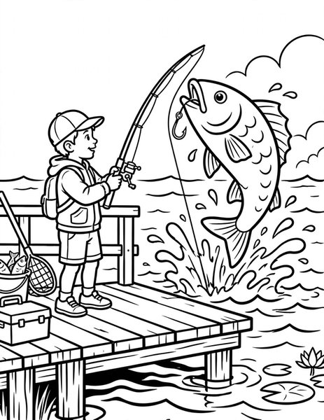 Big Catch coloring page: An angler reels in a big fish.