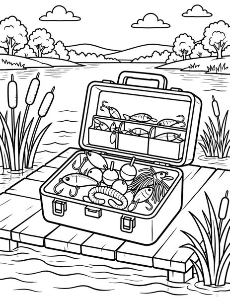 Tackle Box coloring page: Lures and hooks in a box.