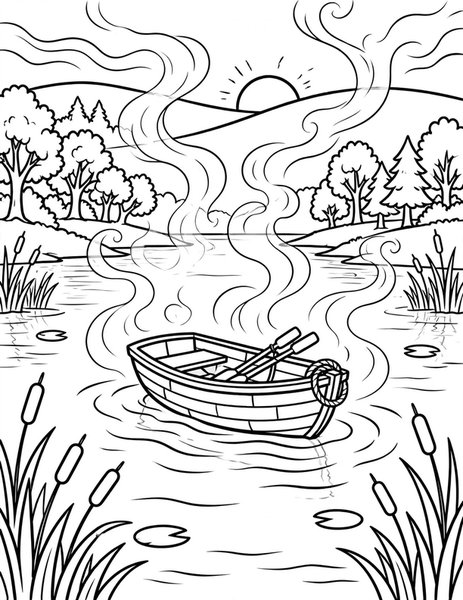 Quiet Lake coloring page: A boat floats on still water.