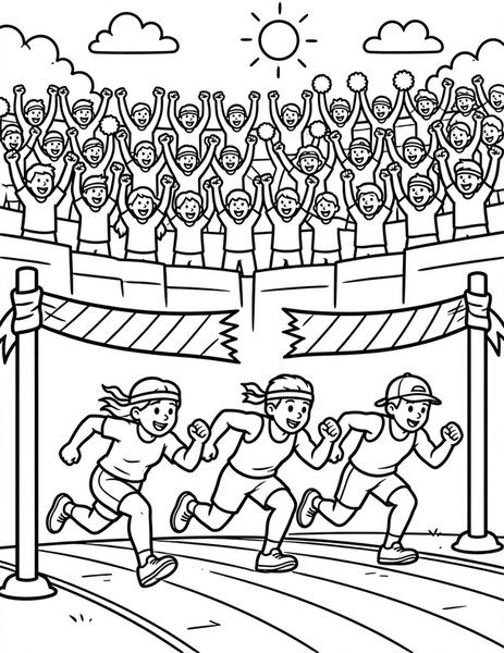 Sprint Finish coloring page: Runners lean at the tape.