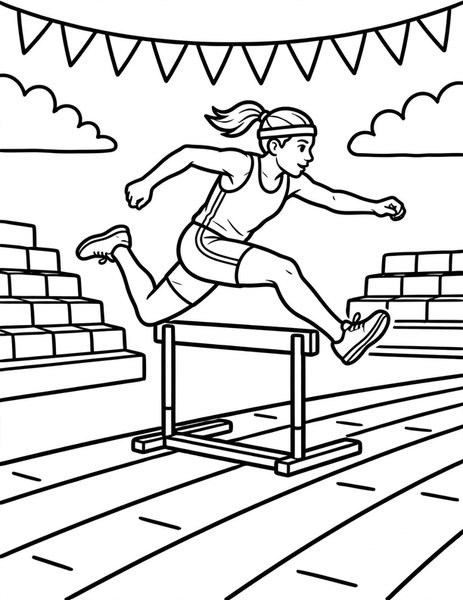 Hurdle Jump coloring page: A hurdler clears the barrier.