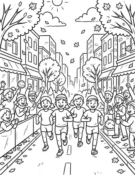 Marathon Run coloring page: Runners stream through the city.