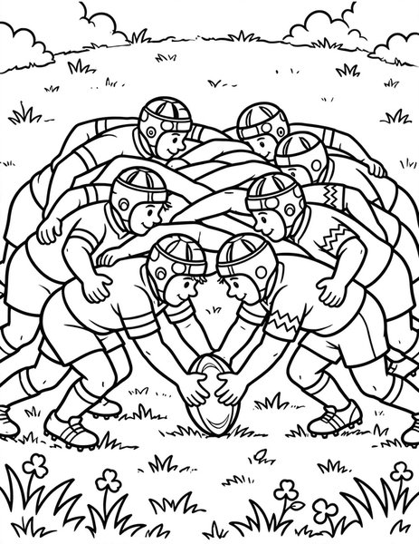 Rugby Scrum coloring page: Two rugby teams push together in a mighty scrum for the ball.