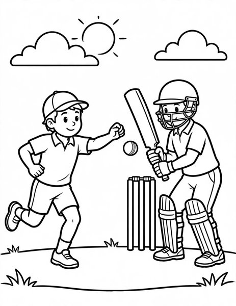 Cricket Bowled coloring page: A bowler hurls the cricket ball toward the batsman and the wickets.