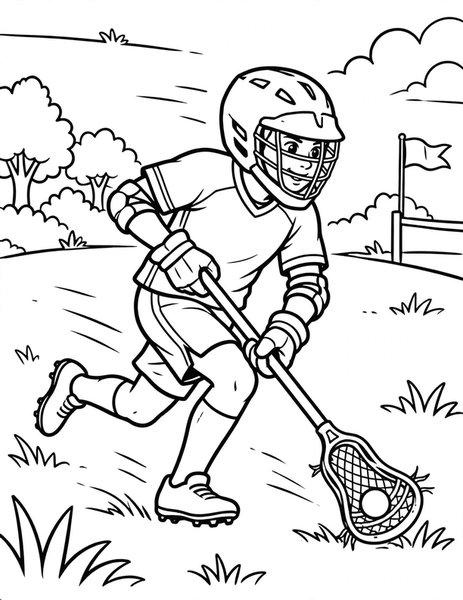 Lacrosse Scoop coloring page: A player scoops up the ball with a lacrosse stick and sprints away.