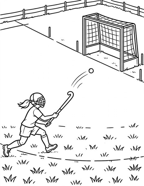 Field Hockey Flick coloring page: A field hockey player flicks the ball toward the goal.