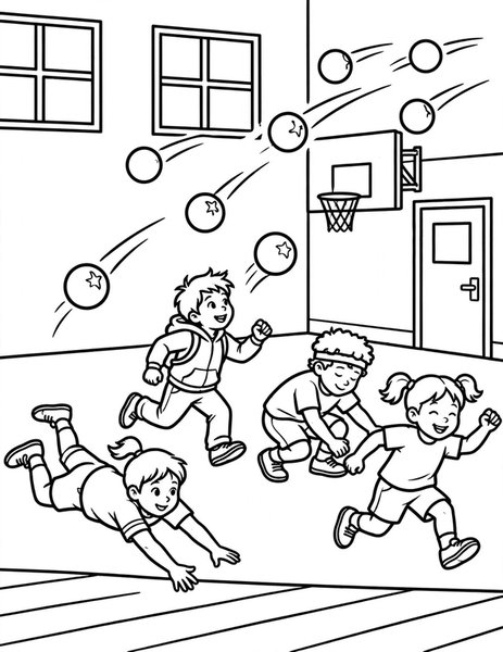 Dodgeball Dash coloring page: Kids dash and dive to dodge flying dodgeballs in the gym.