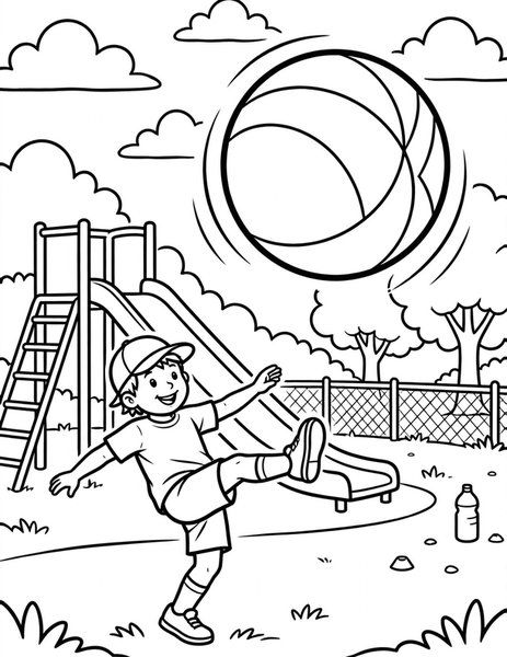 Kickball Kick coloring page: A player kicks the big red kickball high into the outfield.
