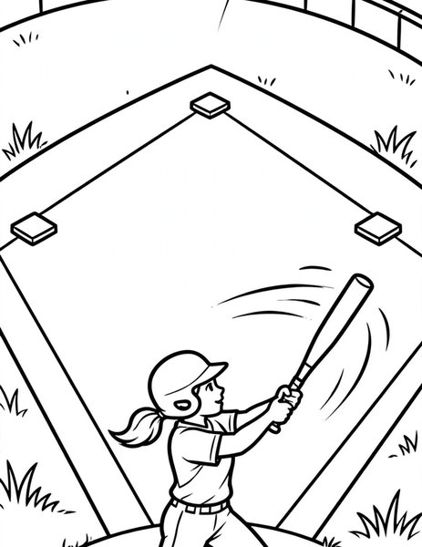 Softball Swing coloring page: A batter swings hard and sends the softball soaring.