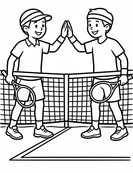 Doubles Team coloring page: Partners high five at the net.