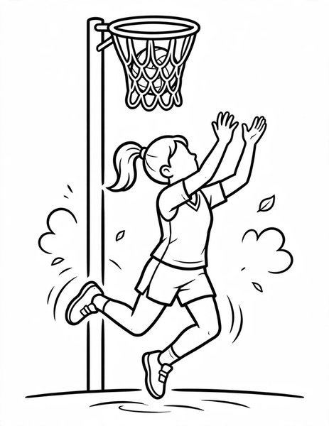 Netball Shoot coloring page: A netball player jumps to shoot the ball through the hoop.
