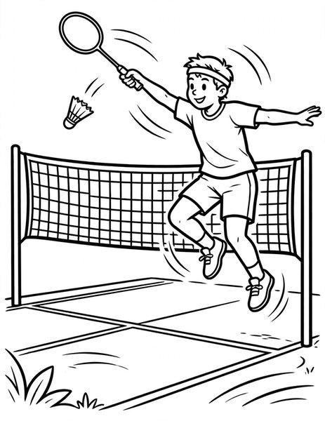 Badminton Smash coloring page: A player leaps to smash the shuttlecock over the net.