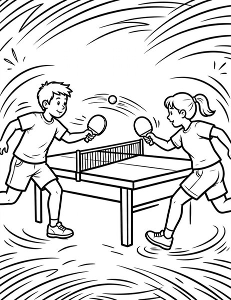 Ping Pong Rally coloring page: Two players trade lightning-fast hits in a table tennis rally.