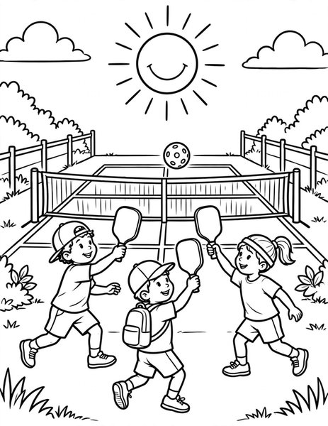 Pickleball Paddle coloring page: Friends rally with paddles on a sunny pickleball court.