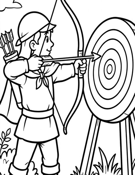 Archery Aim coloring page: An archer draws the bowstring and aims at the bullseye.