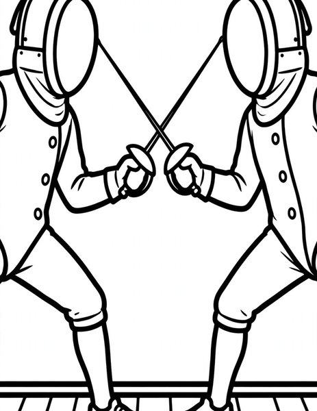 Fencing Lunge coloring page: Two fencers lunge at each other with thin flashing swords.