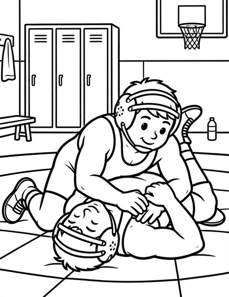 Wrestling Pin coloring page: A wrestler pins their opponent's shoulders to the mat.