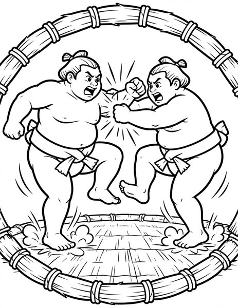 Sumo Stomp coloring page: Two sumo wrestlers stomp and clash in the ring.