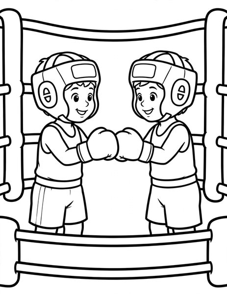 Boxing Bell coloring page: Two young boxers tap gloves as the bell rings.